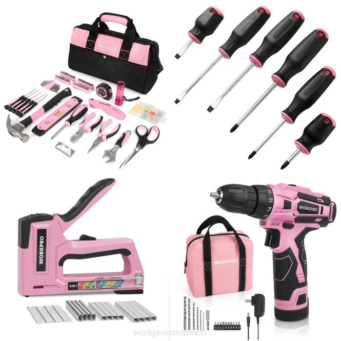 106-teiliges Werkzeugset, 6 magnetische Schraubendreher, 12-V-Akku-Bohrschrauber-Set und 6-in-1-Tacker WORKPRO V02J312 Rosa Werkzeug