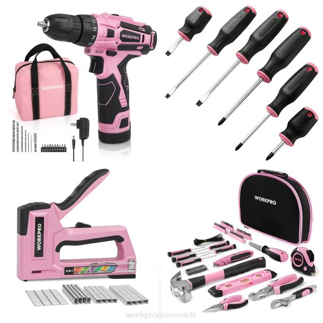 12-V-Akku-Bohrschrauber-Set, 103-teiliges Werkzeugset, 8-teiliges Magnetschraubendreher-Set und 6-in-1-Tacker WORKPRO V02J315 Rosa Werkzeug
