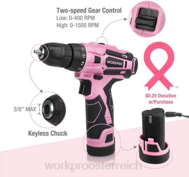 12-V-Akku-Bohrschrauber-Set, 103-teiliges Werkzeugset, 8-teiliges Magnetschraubendreher-Set und 6-in-1-Tacker WORKPRO V02J315 Rosa Werkzeug