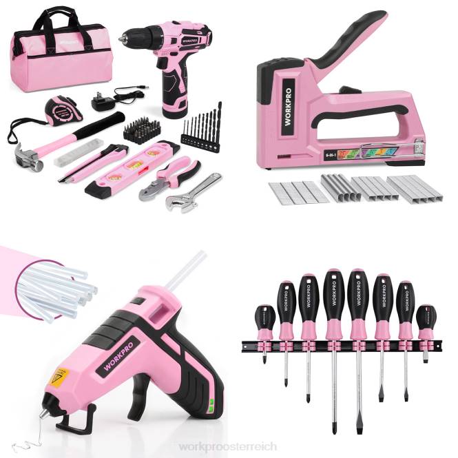 12-V-Akku-Bohrschrauber-Set, 6-in-1-Tacker, 8-teiliges Magnetschraubendreher-Set und kabellose Heißklebepistole WORKPRO V02J313 Rosa Werkzeug