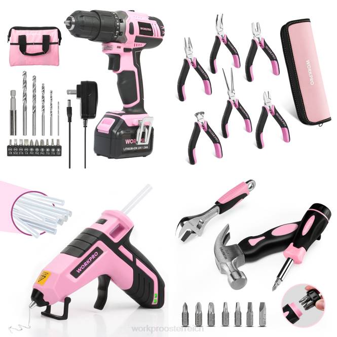 20-V-Akku-Bohrschrauber-Set, 6-teilige Mini-Zange, 10-teiliges Werkzeugset und kabellose Klebepistole WORKPRO V02J316 Rosa Werkzeug
