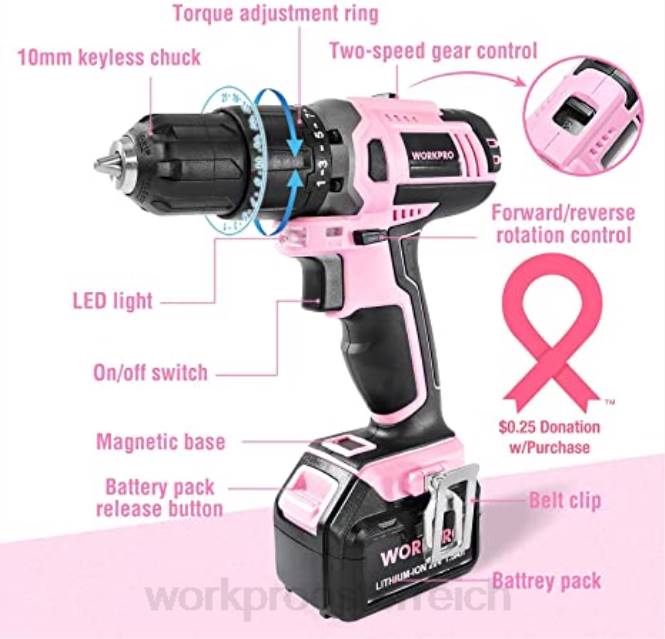 20-V-Akku-Bohrschrauber-Set, 6-teilige Mini-Zange, 10-teiliges Werkzeugset und kabellose Klebepistole WORKPRO V02J316 Rosa Werkzeug