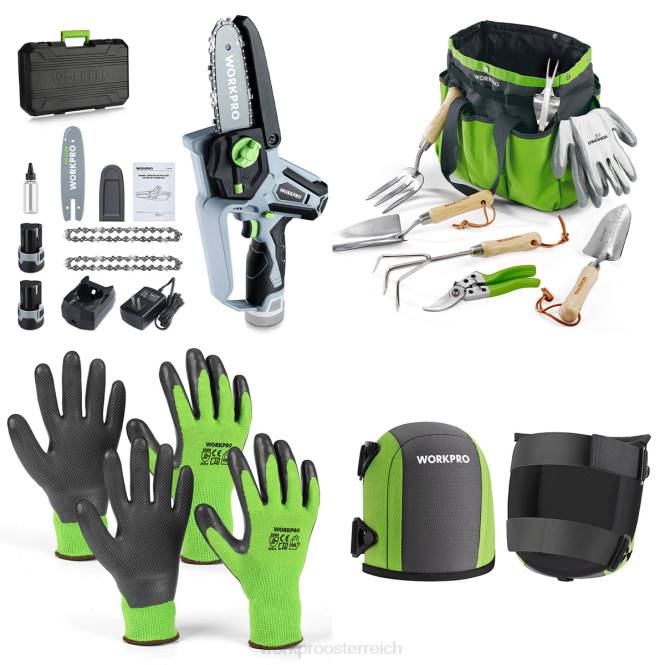 Akku-Kettensäge, 7-teiliges Gartenwerkzeug-Set, 2 Paar Gartenhandschuhe und Garten-Knieschützer WORKPRO V02J314 nützlich Werkzeug