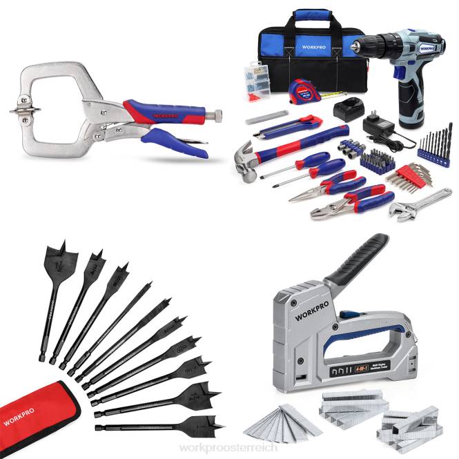 Gesichtsklemme, 12-V-Akku-Bohrschrauber und Heimwerkzeugset, 10-teiliges Profi-Spatenbohrer-Set und 4-in-1-Tacker, robust WORKPRO V02J318 nützlich Werkzeug