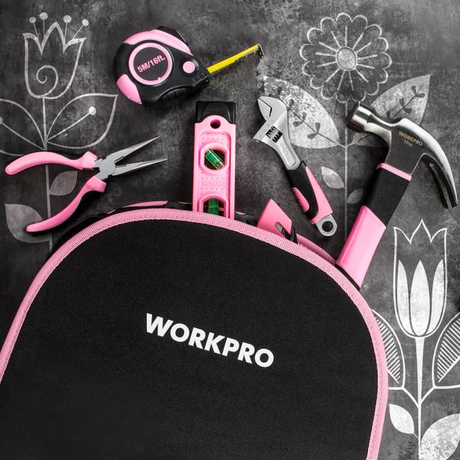 103-teiliges Werkzeugset mit leicht zu transportierender runder Tasche, perfekt für die Heimwerkerpflege WORKPRO V02J248 Rosa Werkzeug