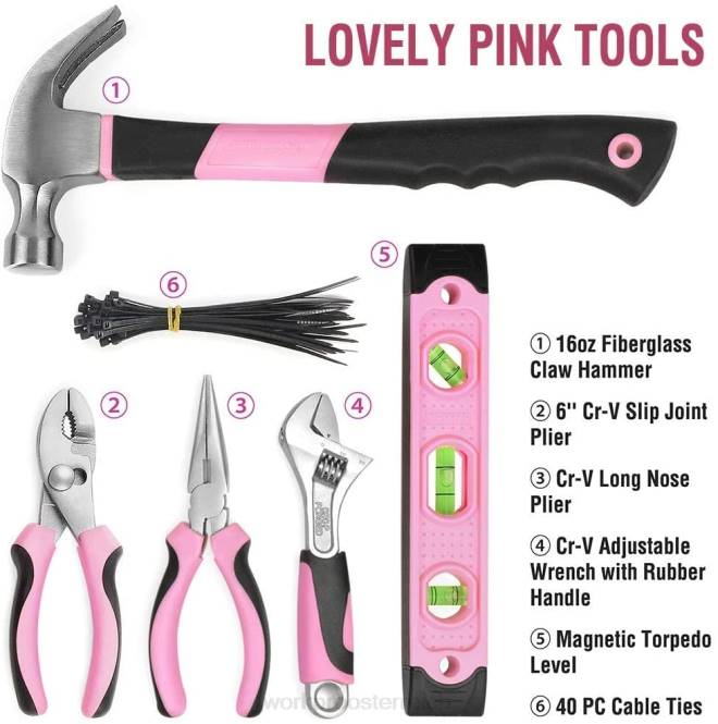 103-teiliges Werkzeugset mit leicht zu transportierender runder Tasche, perfekt für die Heimwerkerpflege WORKPRO V02J248 Rosa Werkzeug
