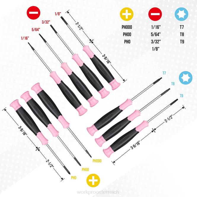 10-teiliges Präzisionsschraubendreher-Set mit Tasche, Kreuzschlitz, Schlitz, Torx-Stern, magnetischer Spitze, kleines Schraubendreher-Reparaturset WORKPRO V02J255 Rosa Werkzeug
