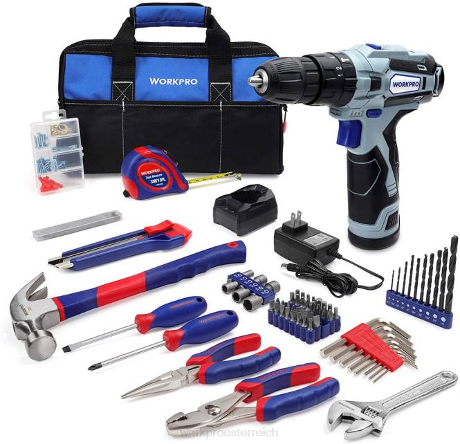 12-V-Akku-Bohrschrauber und Heimwerkzeug-Set, 177-teiliges Kombi-Set mit Werkzeugtasche WORKPRO V02J171 nützlich Werkzeug