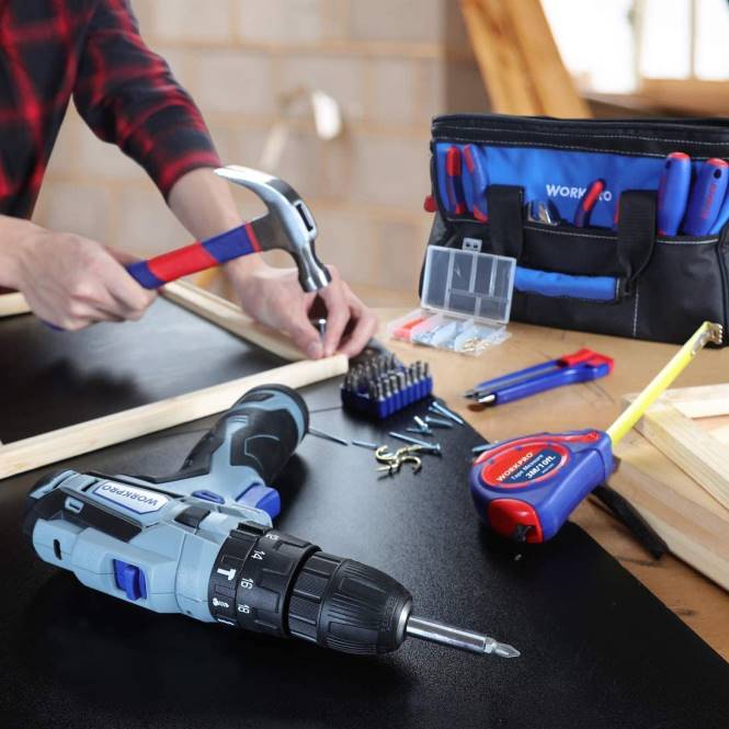 12-V-Akku-Bohrschrauber und Heimwerkzeug-Set, 177-teiliges Kombi-Set mit Werkzeugtasche WORKPRO V02J171 nützlich Werkzeug