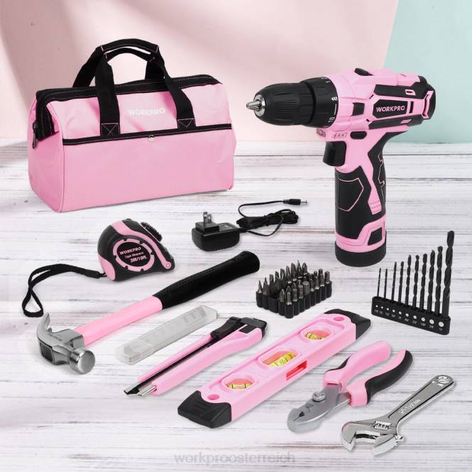 12-V-Akku-Bohrschrauber und Heimwerkzeugsatz mit 14-Zoll-Aufbewahrungstasche WORKPRO V02J258 Rosa Werkzeug