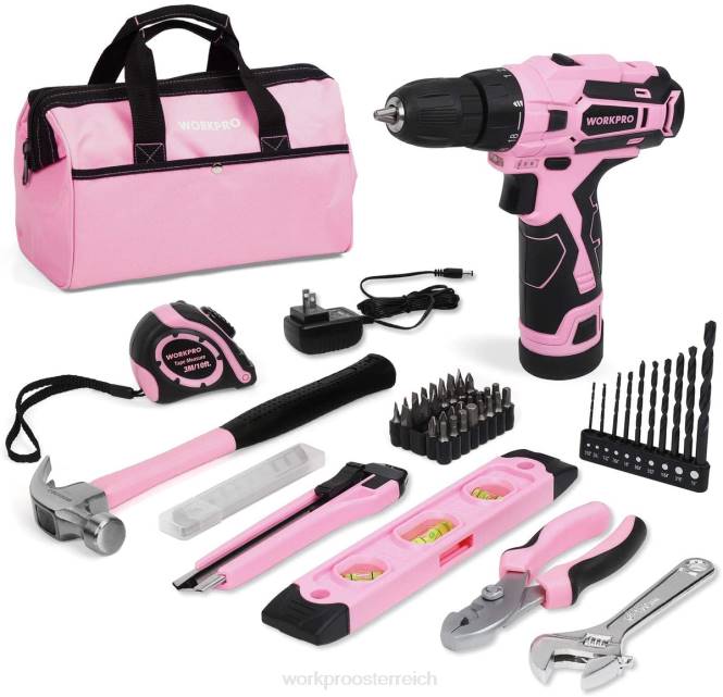 12-V-Akku-Bohrschrauber und Heimwerkzeugsatz mit 14-Zoll-Aufbewahrungstasche WORKPRO V02J258 Rosa Werkzeug