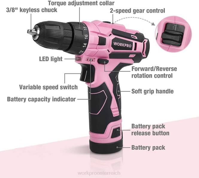 12-V-Akku-Bohrschrauber und Heimwerkzeugsatz mit 14-Zoll-Aufbewahrungstasche WORKPRO V02J258 Rosa Werkzeug