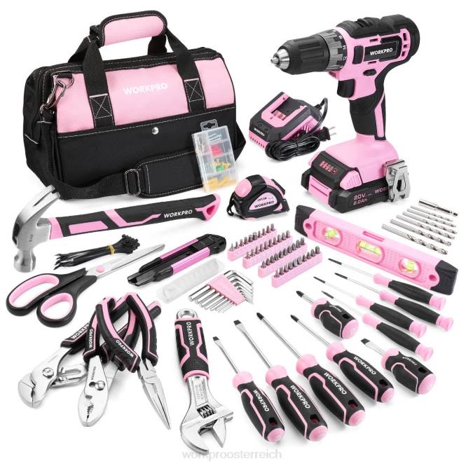 157-teiliges Akku-Bohrschrauber-Kombiset mit 20-V-Akku-Lithium-Ionen-Akku WORKPRO V02J259 rosa/grau Werkzeug