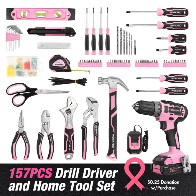 157-teiliges Akku-Bohrschrauber-Kombiset mit 20-V-Akku-Lithium-Ionen-Akku WORKPRO V02J259 rosa/grau Werkzeug