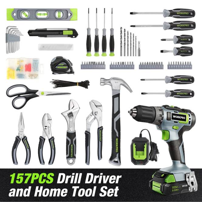 157-teiliges Akku-Bohrschrauber-Kombiset mit 20-V-Akku-Lithium-Ionen-Akku WORKPRO V02J259 rosa/grau Werkzeug