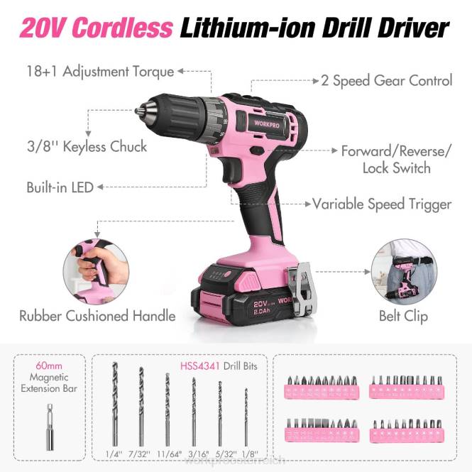 157-teiliges Akku-Bohrschrauber-Kombiset mit 20-V-Akku-Lithium-Ionen-Akku WORKPRO V02J259 rosa/grau Werkzeug
