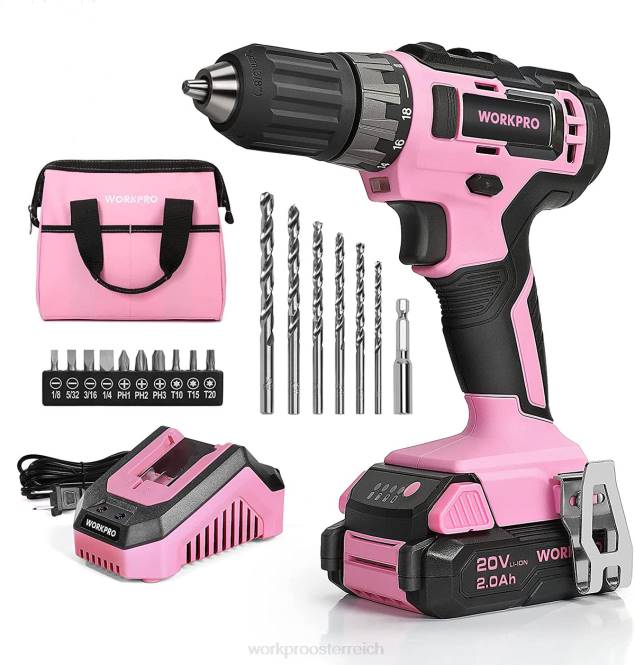 20-V-Akku-Bohrschrauber-Set mit Schnellladegerät und 11-Zoll-Aufbewahrungstasche im Lieferumfang enthalten WORKPRO V02J261 Rosa Werkzeug