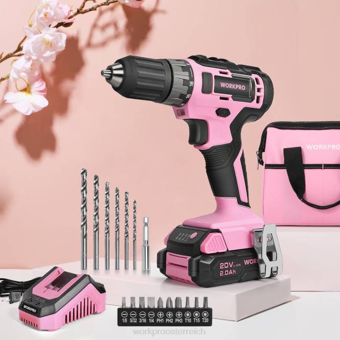 20-V-Akku-Bohrschrauber-Set mit Schnellladegerät und 11-Zoll-Aufbewahrungstasche im Lieferumfang enthalten WORKPRO V02J261 Rosa Werkzeug