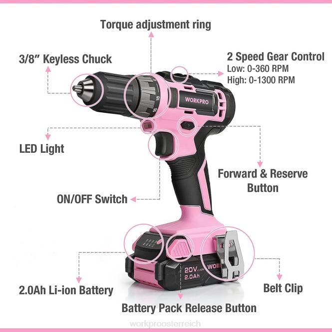 20-V-Akku-Bohrschrauber-Set mit Schnellladegerät und 11-Zoll-Aufbewahrungstasche im Lieferumfang enthalten WORKPRO V02J261 Rosa Werkzeug