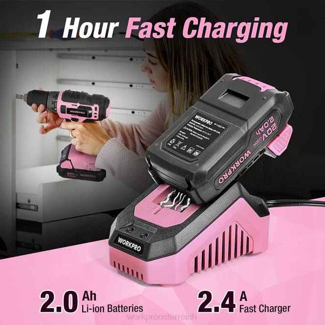 20-V-Akku-Bohrschrauber-Set mit Schnellladegerät und 11-Zoll-Aufbewahrungstasche im Lieferumfang enthalten WORKPRO V02J261 Rosa Werkzeug