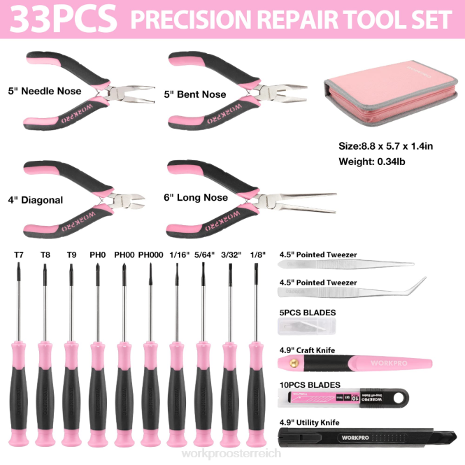 33-teiliges Präzisions-Reparaturwerkzeug-Set inklusive Zangen-Set WORKPRO V02J257 Pink Blau Werkzeug