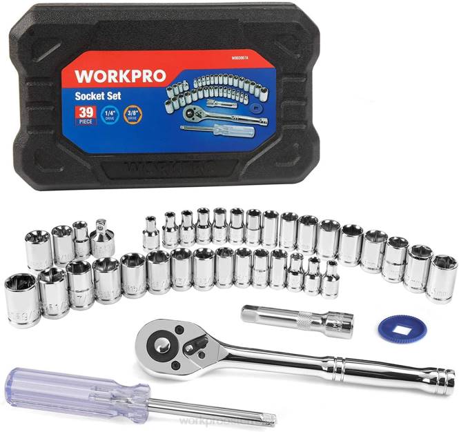 39-teiliges Steckschlüssel-Mechanik-Werkzeugset mit metrischem und SAE-Werkzeugkasten WORKPRO V02J310 hilfreich Werkzeug
