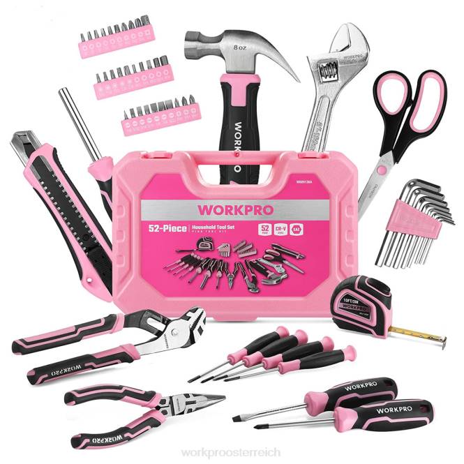 52-teiliges Werkzeugset, Heim-Werkzeugset für Damen mit Aufbewahrungs-Werkzeugkasten, Basis-Werkzeugset – Band WORKPRO V02J249 Rosa Werkzeug