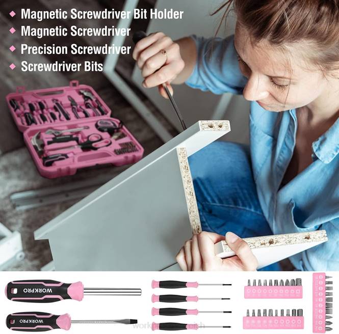52-teiliges Werkzeugset, Heim-Werkzeugset für Damen mit Aufbewahrungs-Werkzeugkasten, Basis-Werkzeugset – Band WORKPRO V02J249 Rosa Werkzeug