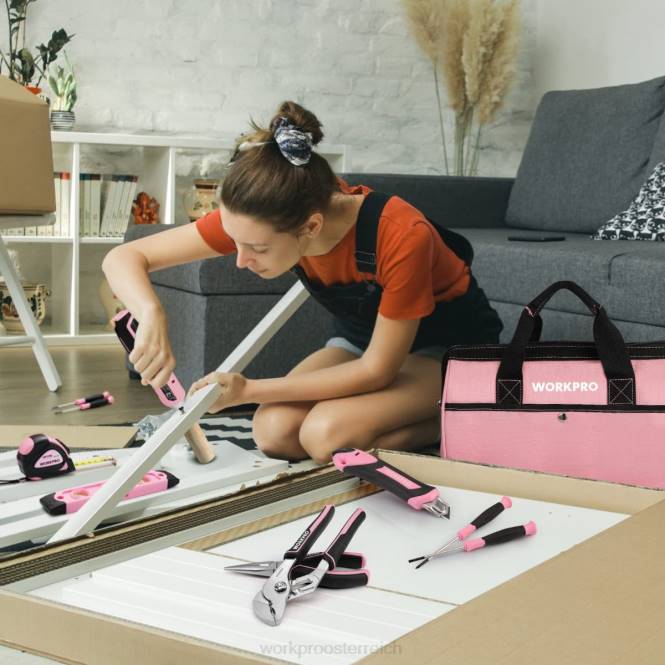 55-teiliges Werkzeugset, drehbarer 3,7-V-Akkuschrauber und Haushaltswerkzeugsatz WORKPRO V02J264 Rosa Werkzeug