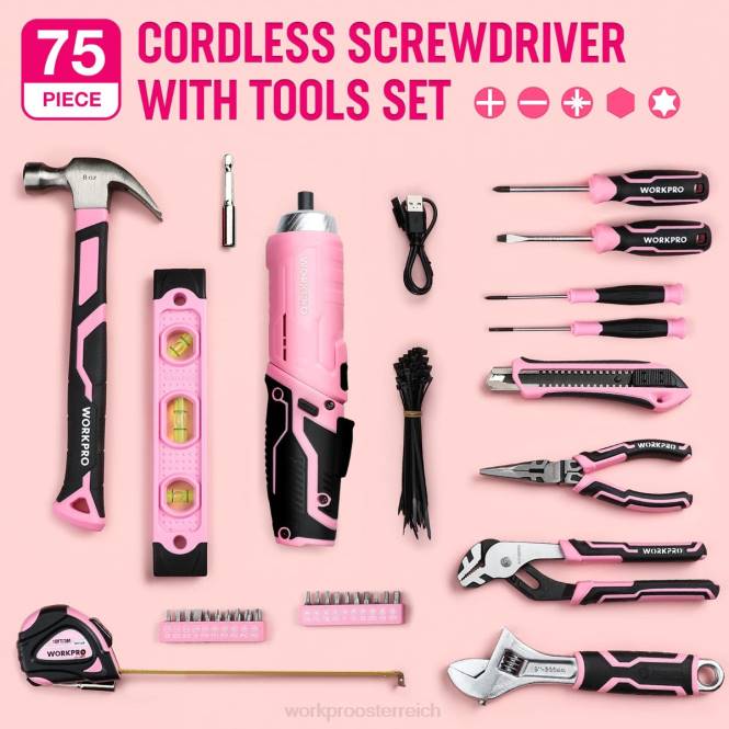 75-teiliges Werkzeugset, drehbarer 3,7-V-Akkuschrauber und Haushaltswerkzeugsatz WORKPRO V02J260 Rosa Werkzeug