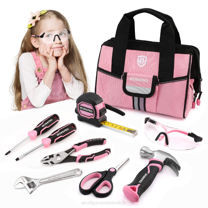 9-teiliges Kinder-Junior-Werkzeugset mit Werkzeugtasche WORKPRO V02J253 Pink Blau Werkzeug