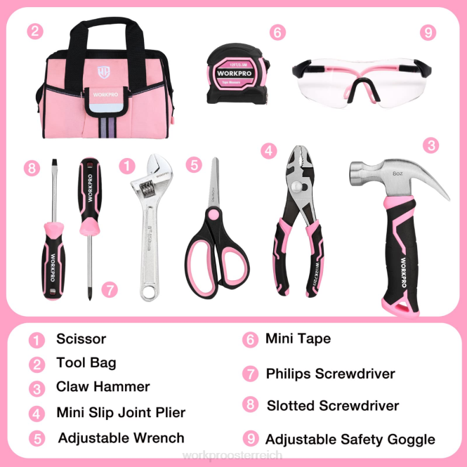 9-teiliges Kinder-Junior-Werkzeugset mit Werkzeugtasche WORKPRO V02J253 Pink Blau Werkzeug