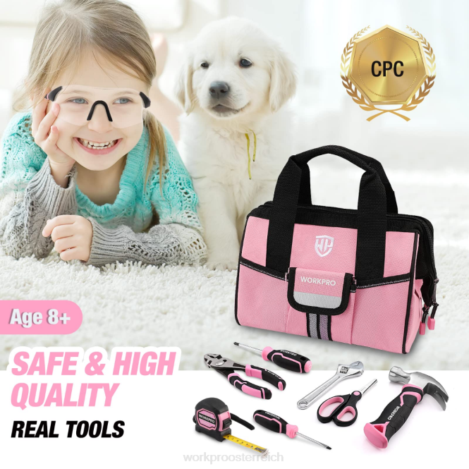9-teiliges Kinder-Junior-Werkzeugset mit Werkzeugtasche WORKPRO V02J253 Pink Blau Werkzeug