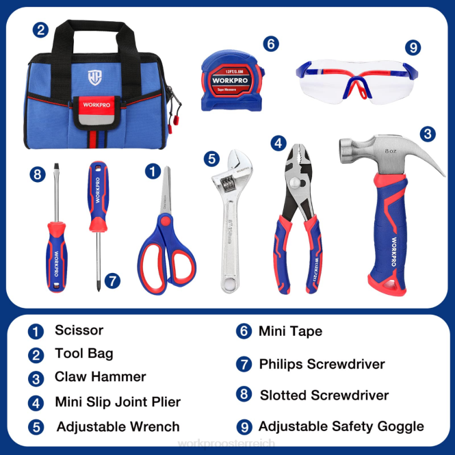 9-teiliges Kinder-Junior-Werkzeugset mit Werkzeugtasche WORKPRO V02J253 Pink Blau Werkzeug