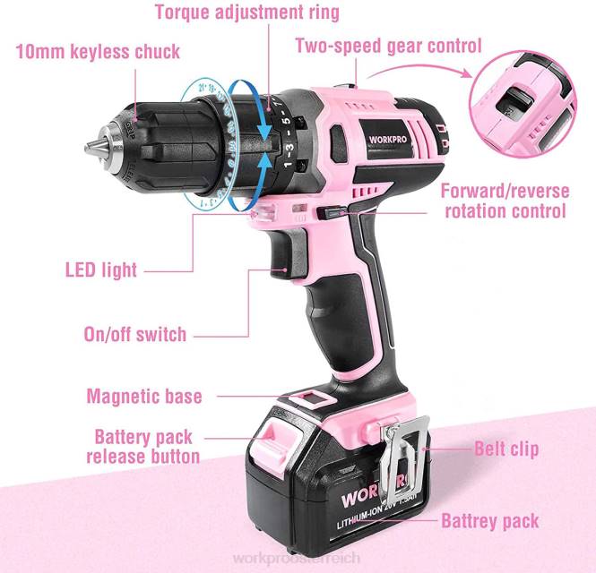 Akku-20-V-Lithium-Ionen-Bohrschrauber-Set WORKPRO V02J262 Rosa Werkzeug