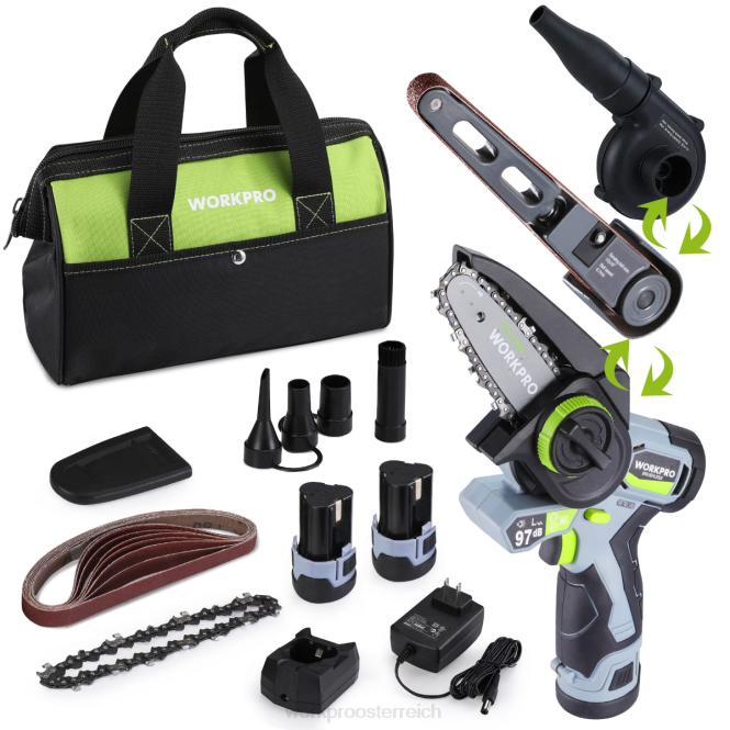Akku-Bandschleifer, Mini-Kettensäge, elektrisches Gebläse, 3-in-1-Kombi-Set für Elektrowerkzeuge WORKPRO V02J296 morden Werkzeug