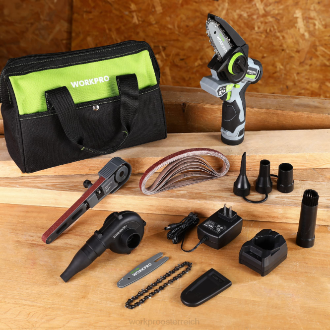 Akku-Bandschleifer, Mini-Kettensäge, elektrisches Gebläse, 3-in-1-Kombi-Set für Elektrowerkzeuge WORKPRO V02J296 morden Werkzeug