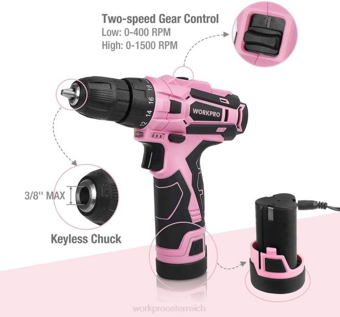 Akku-Bohrschrauber-Set, 12-V-Elektroschrauber-Werkzeugsatz für Damen WORKPRO V02J263 Rosa Werkzeug