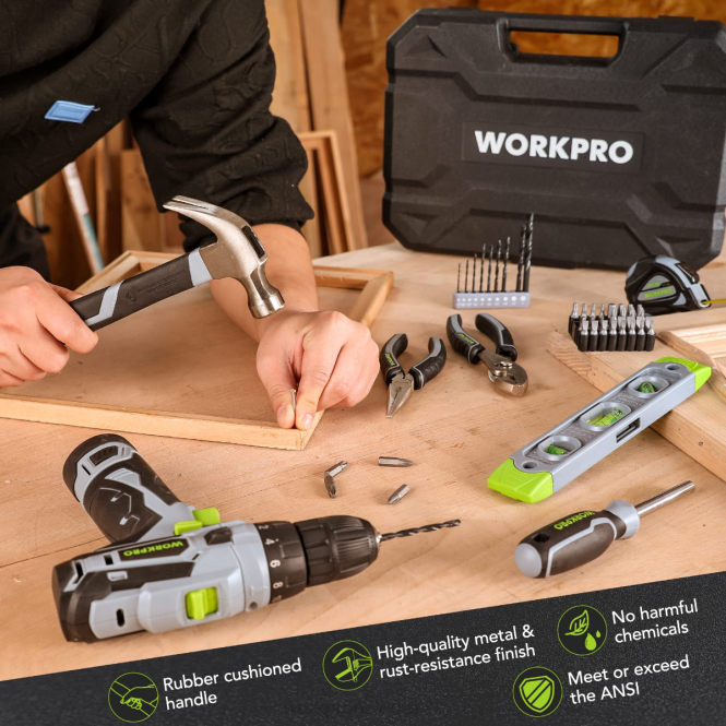 108-teiliges tragbares Werkzeugset mit Bohrmaschine WORKPRO V02J173 rosa/grau Werkzeug