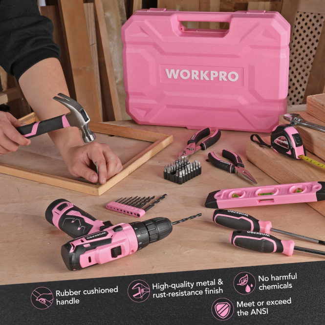 108-teiliges tragbares Werkzeugset mit Bohrmaschine WORKPRO V02J173 rosa/grau Werkzeug