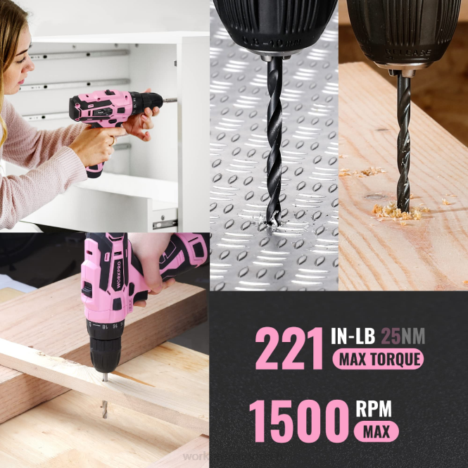 108-teiliges tragbares Werkzeugset mit Bohrmaschine WORKPRO V02J173 rosa/grau Werkzeug