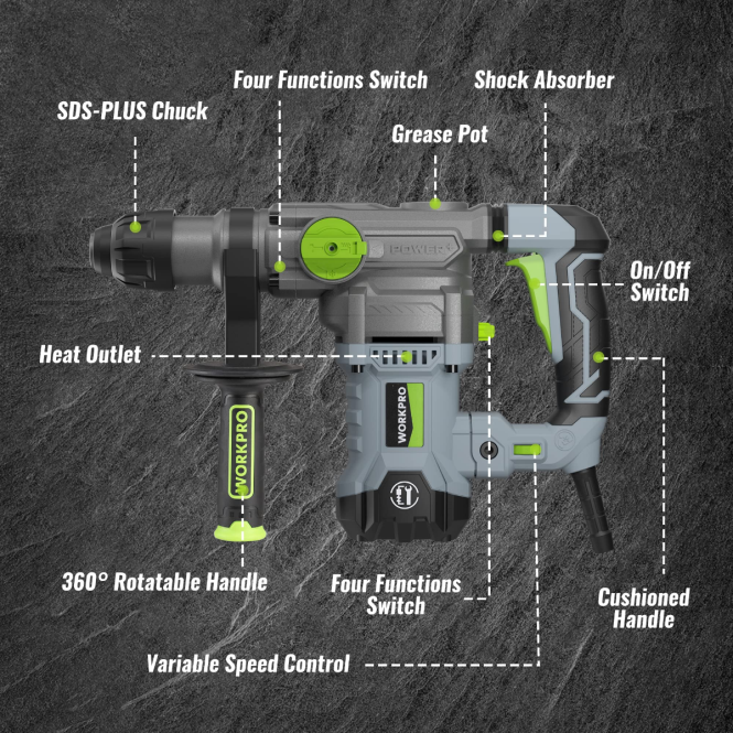 12,5 A 1-1/4 Zoll Premium SDS-Plus Bohrhammer, robuste kabelgebundene Version WORKPRO V02J179 hilfreich Werkzeug