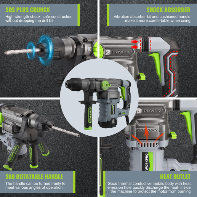 12,5 A 1-1/4 Zoll Premium SDS-Plus Bohrhammer, robuste kabelgebundene Version WORKPRO V02J179 hilfreich Werkzeug