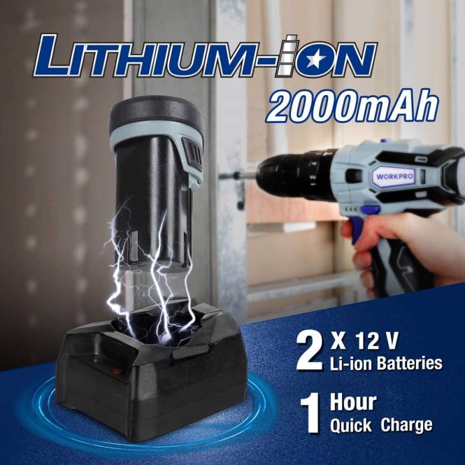 12-V-2-Gang-Akku-Bohrschrauber-Set, 2 Li-Ionen-Akkus 2000 mAh und Schnellladegerät WORKPRO V02J168 morden Werkzeug