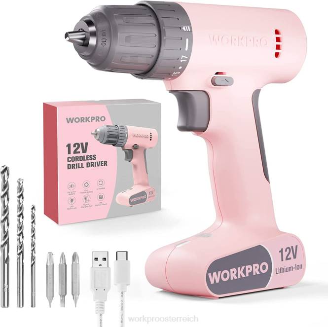 12-V-Akku-Bohrschrauber-Set mit 6 Bits, 3/8-Zoll-Schnellspannbohrfutter, variable Geschwindigkeit, 18-Touque-Einstellung WORKPRO V02J175 rosa/weiß Werkzeug