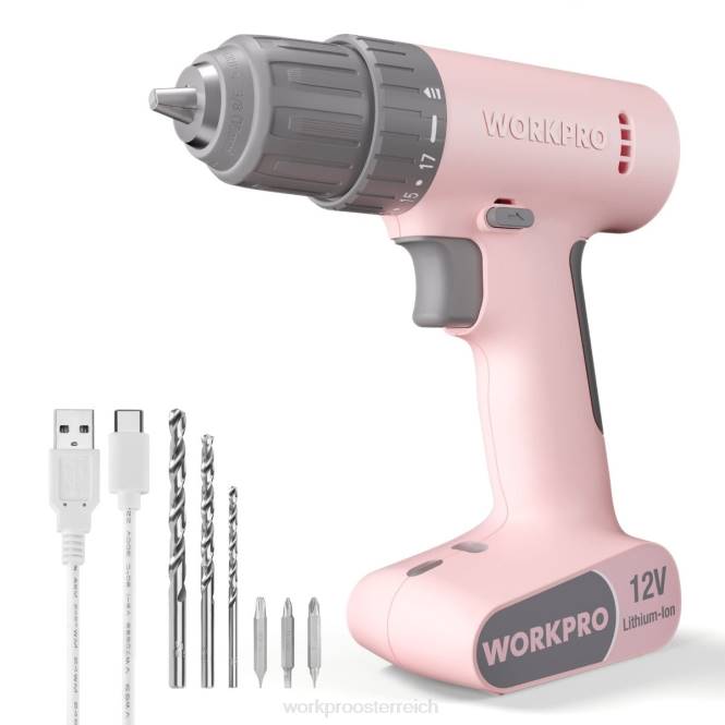 12-V-Akku-Bohrschrauber-Set mit 6 Bits, 3/8-Zoll-Schnellspannbohrfutter, variable Geschwindigkeit, 18-Touque-Einstellung WORKPRO V02J175 rosa/weiß Werkzeug