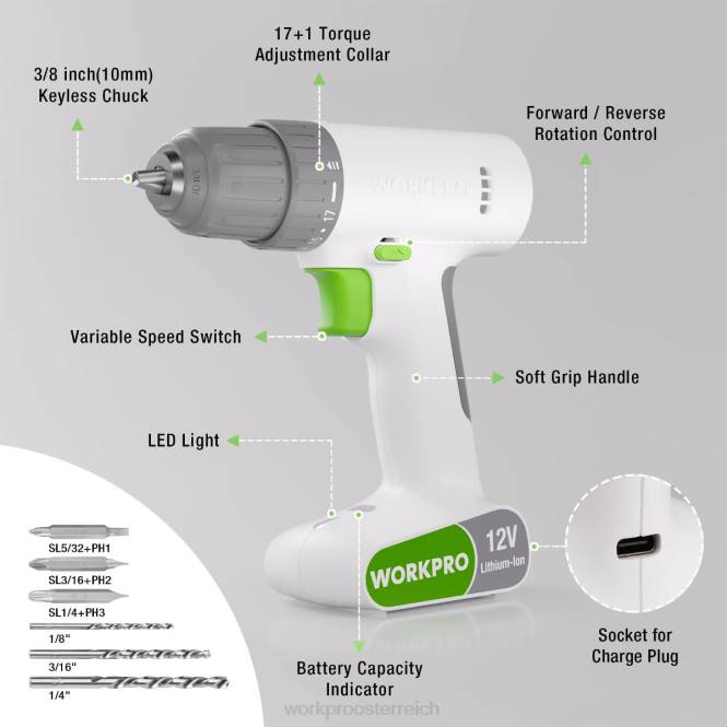 12-V-Akku-Bohrschrauber-Set mit 6 Bits, 3/8-Zoll-Schnellspannbohrfutter, variable Geschwindigkeit, 18-Touque-Einstellung WORKPRO V02J175 rosa/weiß Werkzeug