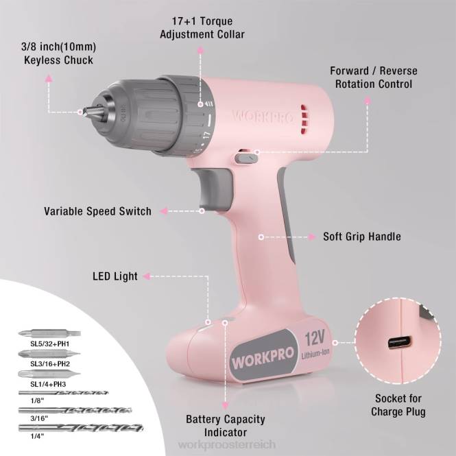 12-V-Akku-Bohrschrauber-Set mit 6 Bits, 3/8-Zoll-Schnellspannbohrfutter, variable Geschwindigkeit, 18-Touque-Einstellung WORKPRO V02J175 rosa/weiß Werkzeug