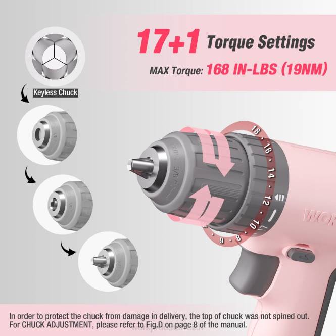 12-V-Akku-Bohrschrauber-Set mit 6 Bits, 3/8-Zoll-Schnellspannbohrfutter, variable Geschwindigkeit, 18-Touque-Einstellung WORKPRO V02J175 rosa/weiß Werkzeug