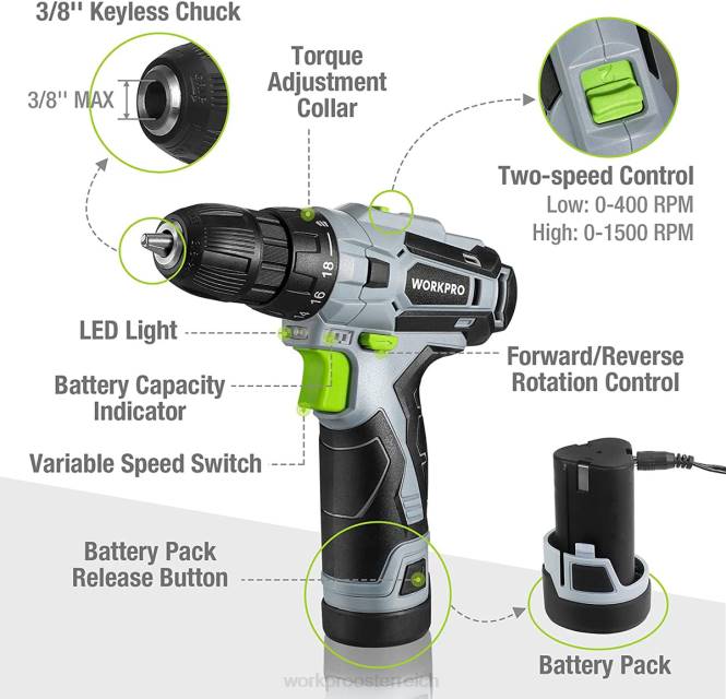 12-V-Elektro-Akku-Bohrschrauber-Set, Schnellspannbohrfutter, Ladegerät und Aufbewahrungstasche im Lieferumfang enthalten WORKPRO V02J177 Grün Werkzeug